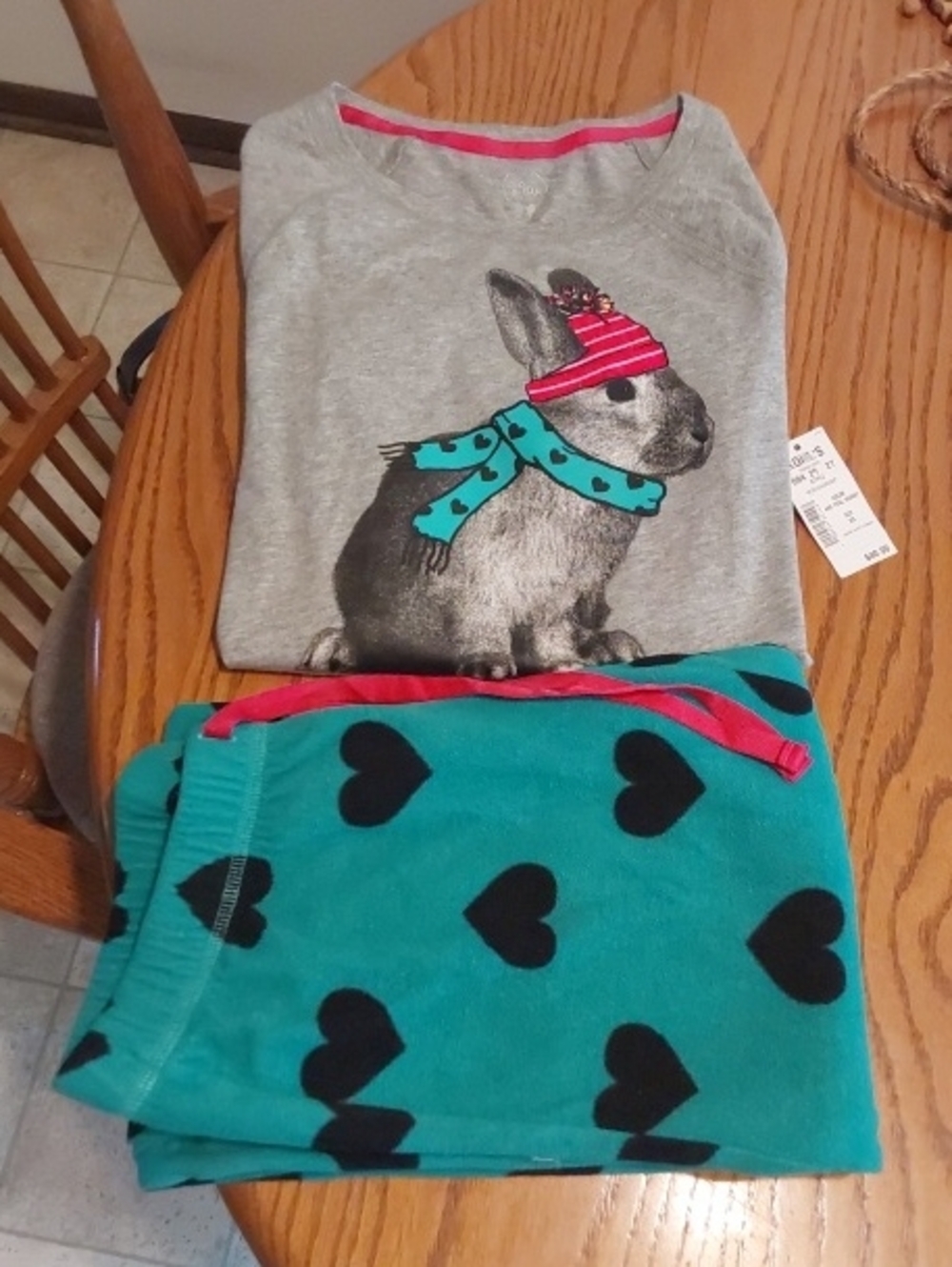 SO Rabbit Design With Hearts Gray Top & Teal Pajama Set